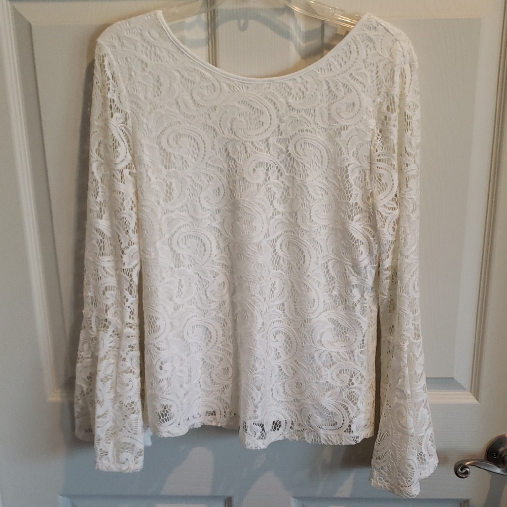 Adrianna Papell White Lace Long Sleeve Blouse